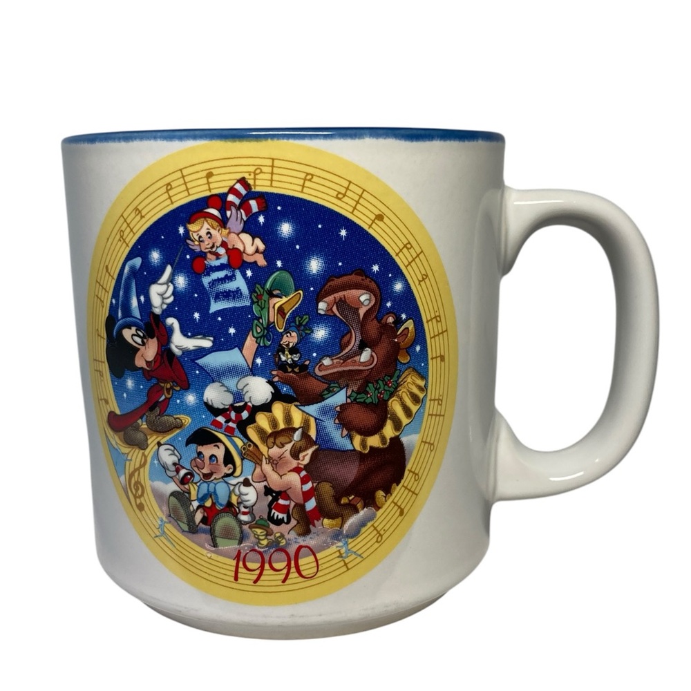 VTG 1990 Disney Christmas 10 oz Coffee Mug Mickey Pinocchio Jiminy Hippo Japan